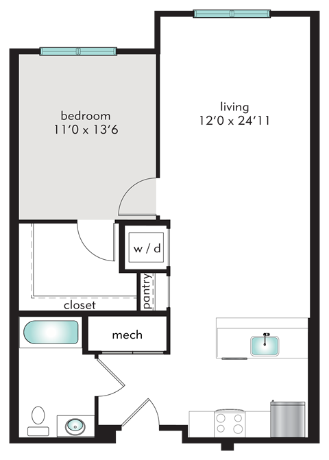 Floor plan for 1 bed, 1 bath, 739 sqft